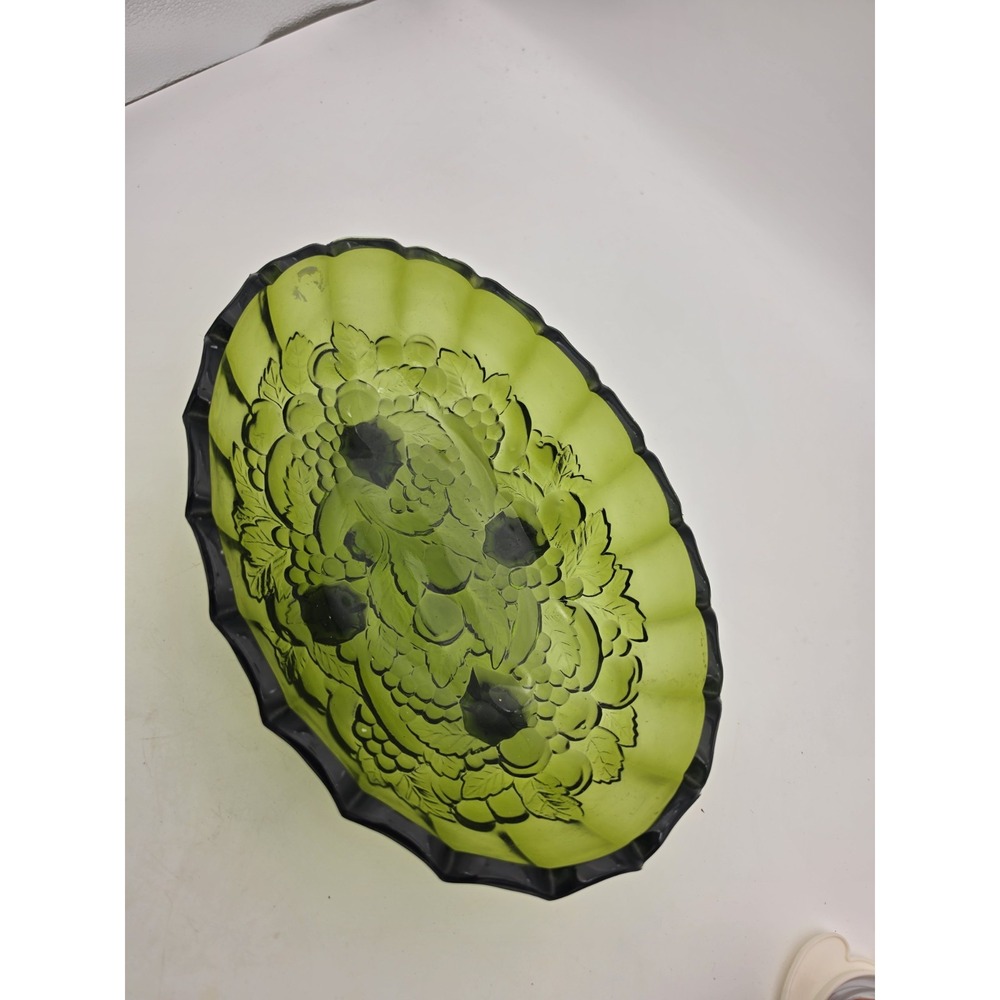Vintage Indiana Glass Oval Center Bowl Olive Green Fruit & Leaf Pattern